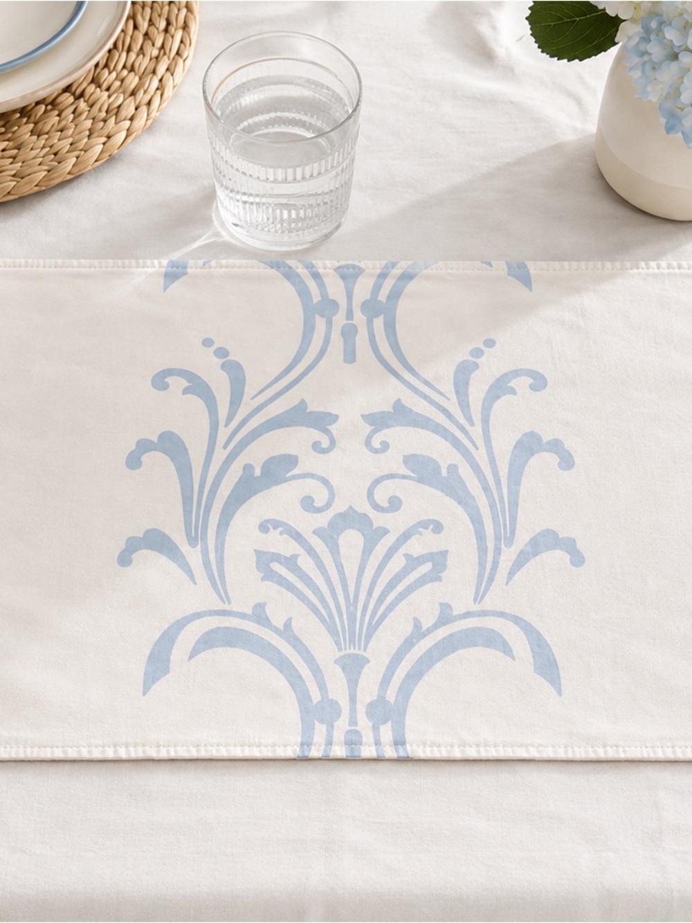 Classic Light Blue Damask Table Runner - Home Dining 7 placemats